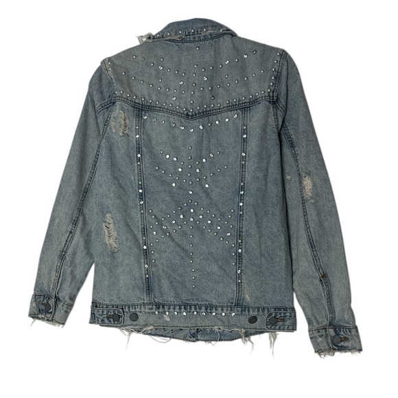 BLANKNYC Denim Jacket Womens XS Blue Studded Pearl Distressed Star Oversized - Picture 8 of 10